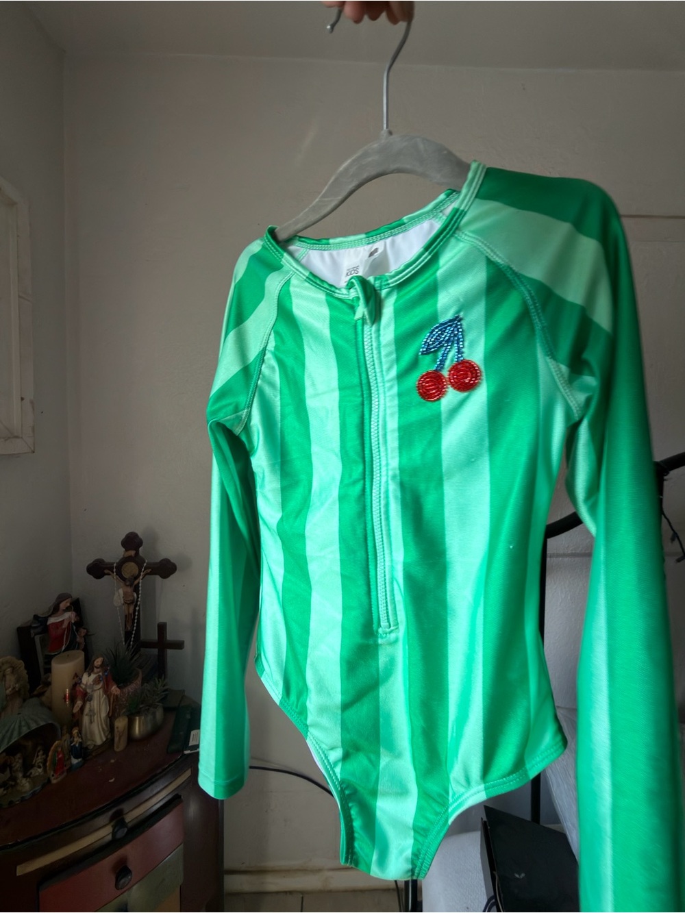 Girls Long-Sleeve Green Stripe Rash Guard Swimsuit with Cherry Embroidery